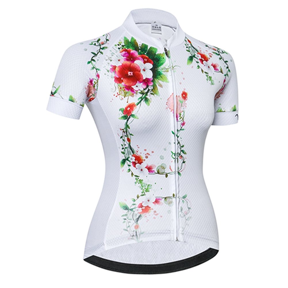 Weimostar Women's Cycling Jersey Short Sleeve Shirt Ladies Mountain Bike Jersey Bicycle Clothing Quick Dry Wreath White Size M