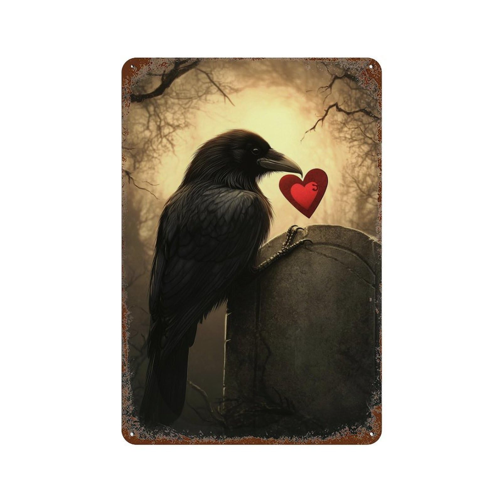 Garage Style Raven Holding Heart on Tombstone-1 Decorative Tin Sign 11.8"x7.9", Novelty Wall Decor for Bar And Workshop