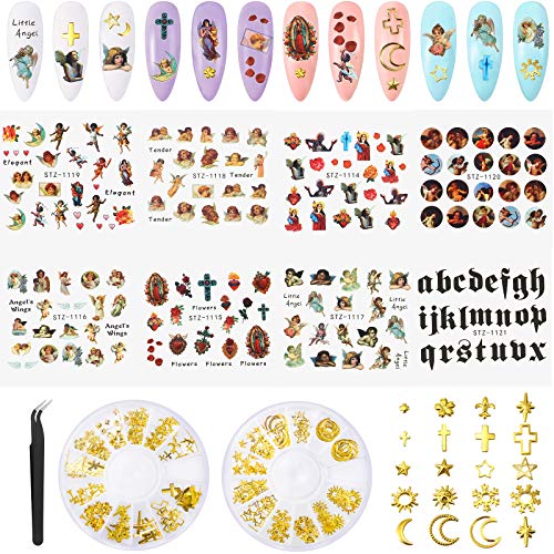 8 Sheets Angel Patterns Nail Stickers and 2 Boxes 3D Nail Art Metal Decoration Charms, Nail Art Water Transfer Stickers, Gold Metal Nail Studs Punk Star Moon Nail Art Jewel for DIY Nail Supplies
