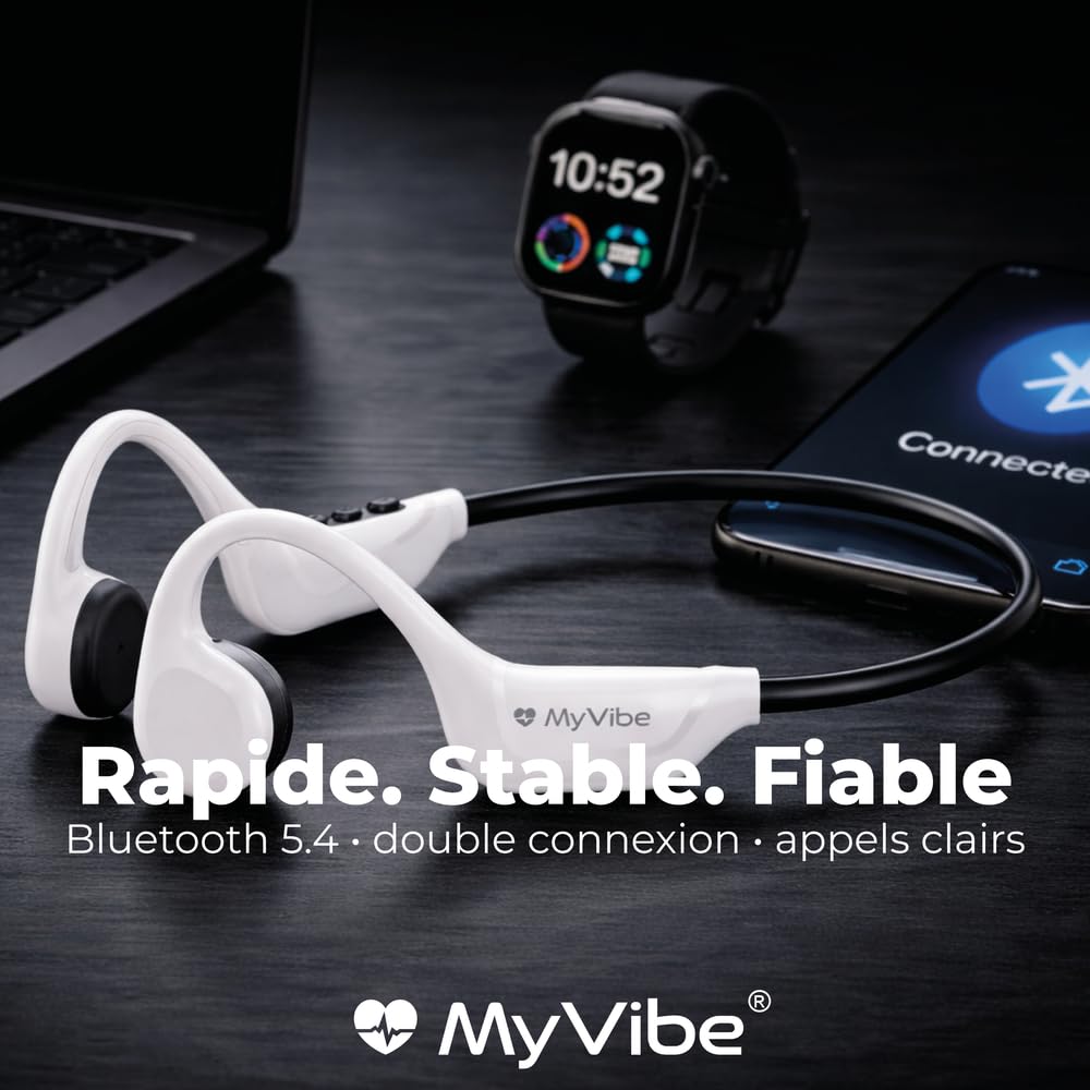 MYVIBE is Powerful Casque à Conduction Osseuse Sport Bluetooth - Écouteurs Oreilles Libres IPX5 Étanche, 9H Autonomie, Ultra Léger 28g - Idéal Running, Randonnée, Fitness & Urbain (Blanc)