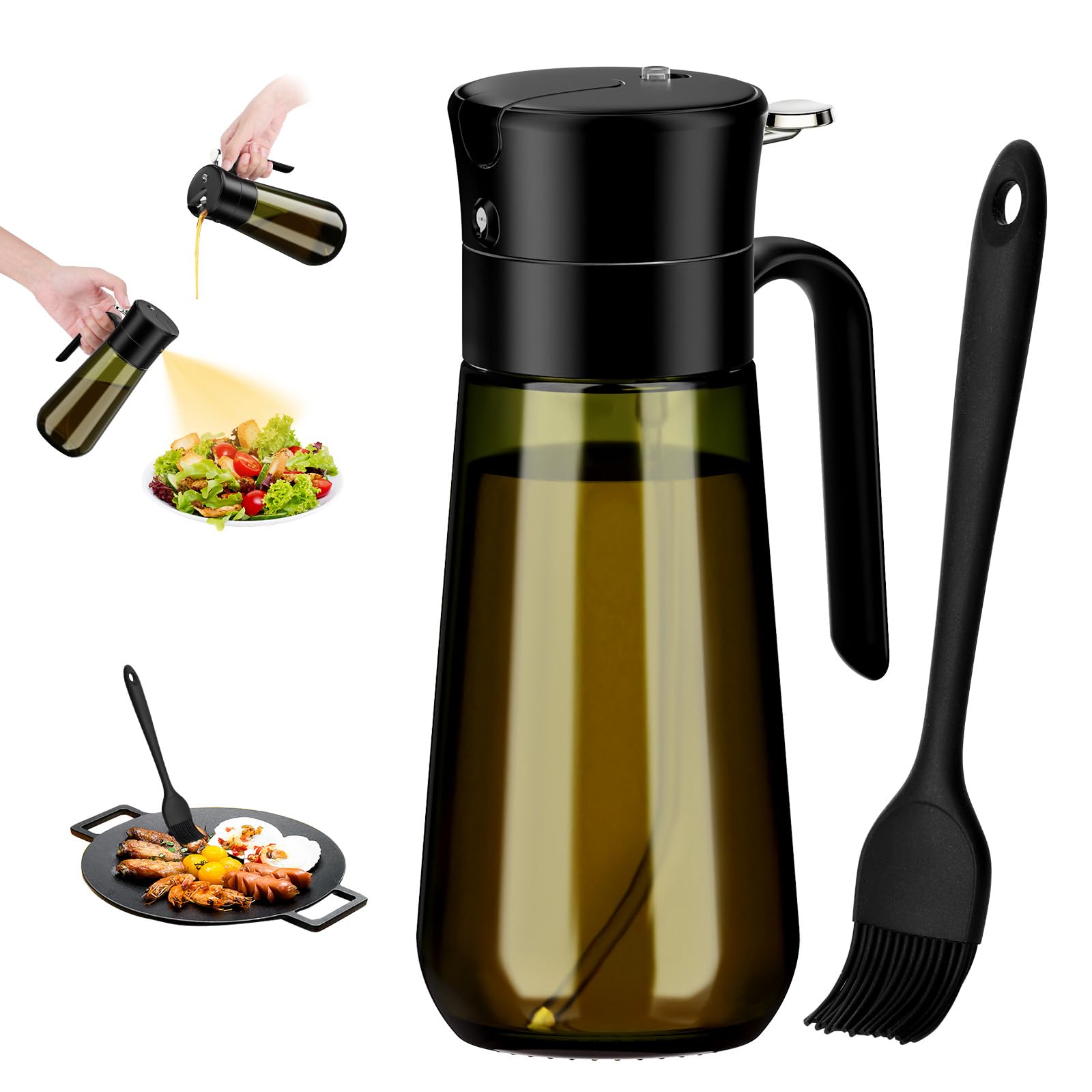 Euqvunn 2-in-1 Oil Spray Bottle with Basting Brush, 580ml Light-Proof Glass Olive Oil Dispenser to Preserve Freshness, Ideal for Salad, Baking, Grilling, and Air Frying