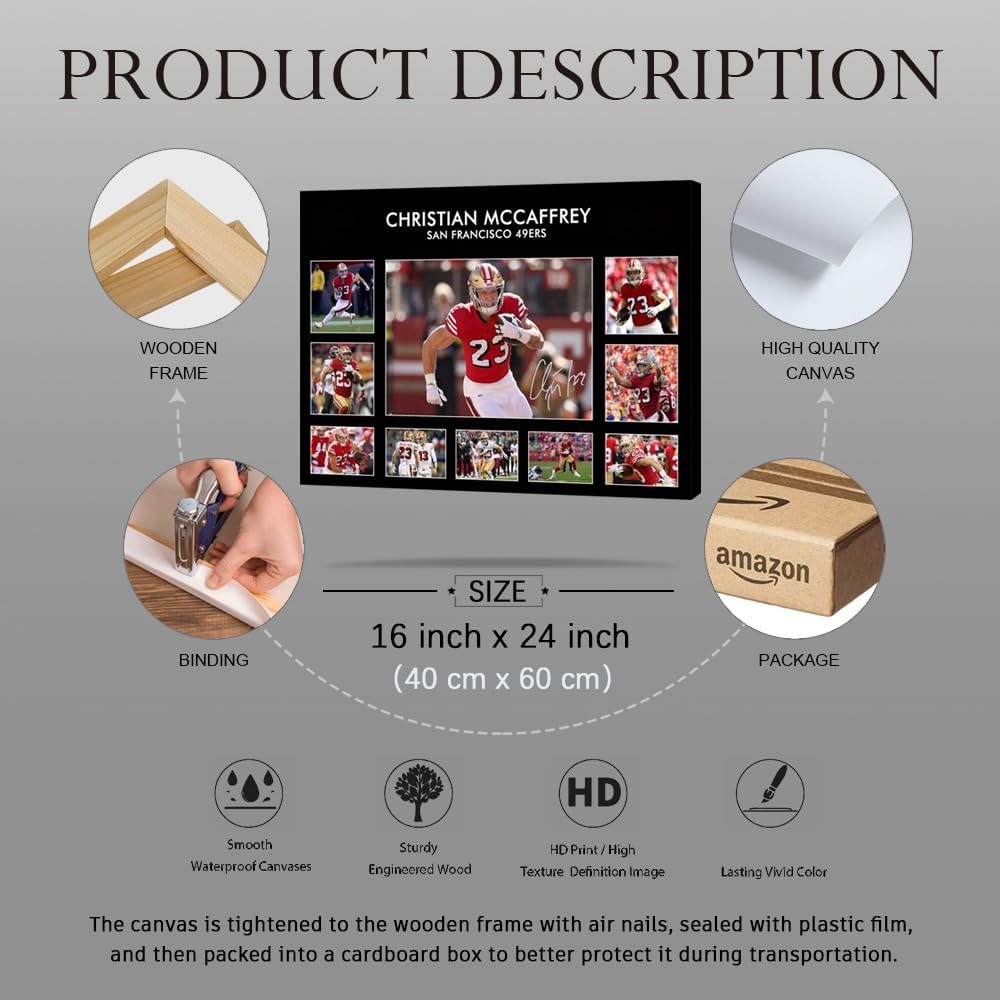 Framed Superstar 52ers Christian McCaffrey Signed Poster For Kids Fans Room Bedroom Wall Decor-American Football Posters Canvas Art Prints Picture For Teen Boy Birthday Gifts