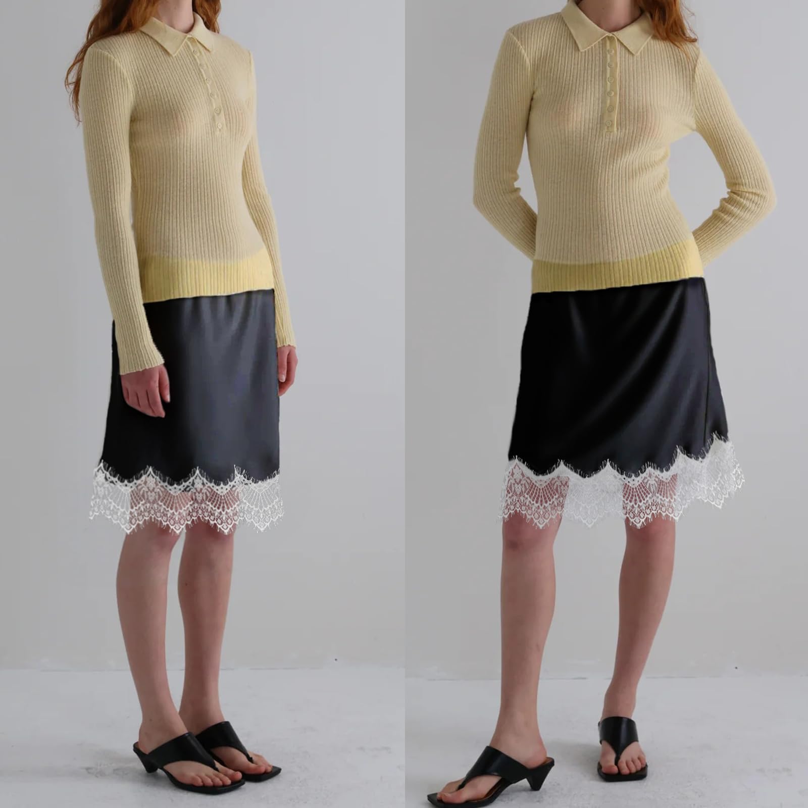 Sexy Outfit Damen-Halbslip aus Satin mit Spitzenbesatz, elastischer Taille, kurzer Unterrock, Petticoat für Unterkleider, weicher Slip-Rock in den britischen Größen 6–24