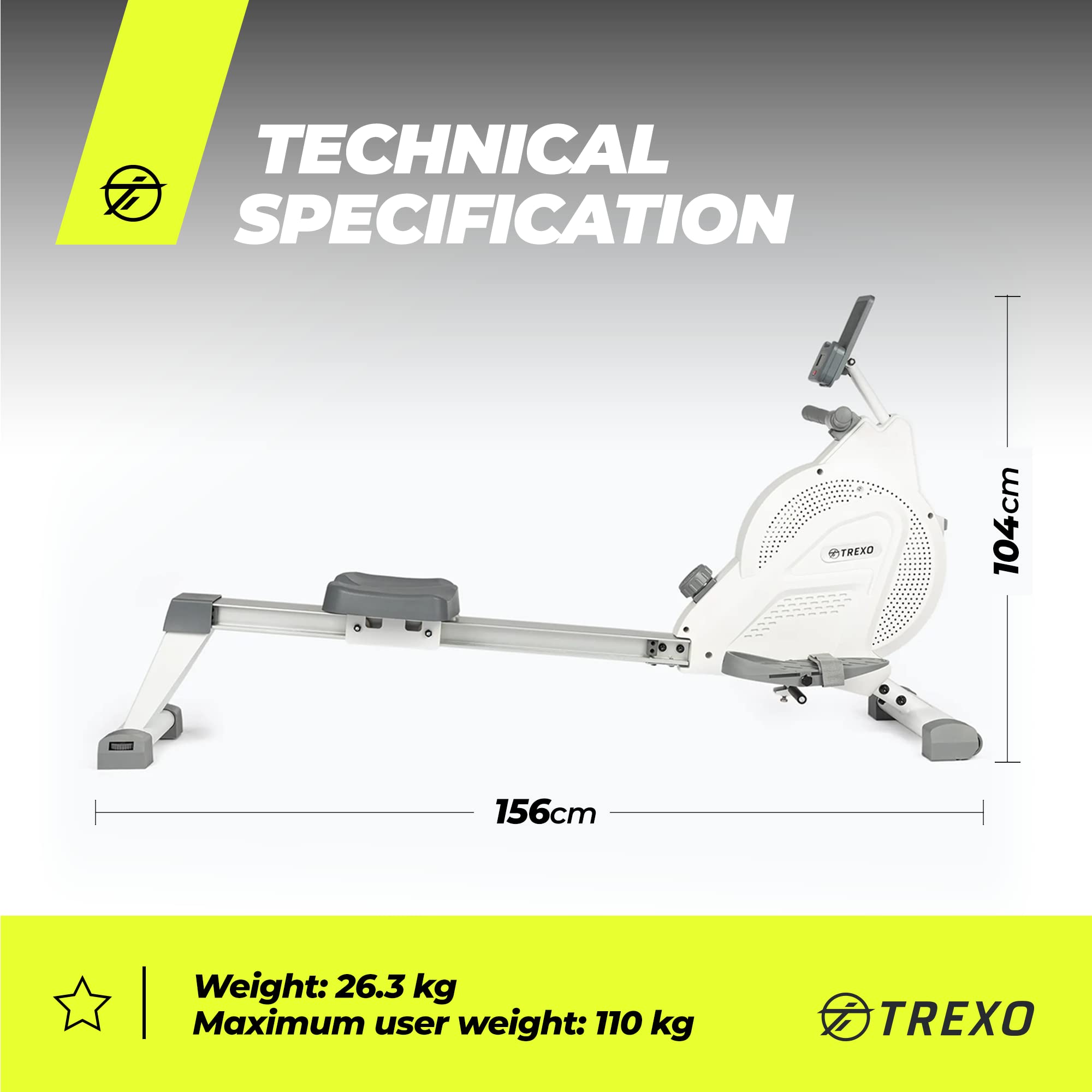 TREXO Wioślarz z magnetycznym systemem oporu 1-16, koło zamachowe 3,5 kg, wskaźnik wagi, stabilna konstrukcja, ergometr, trener wioślarski I RM100