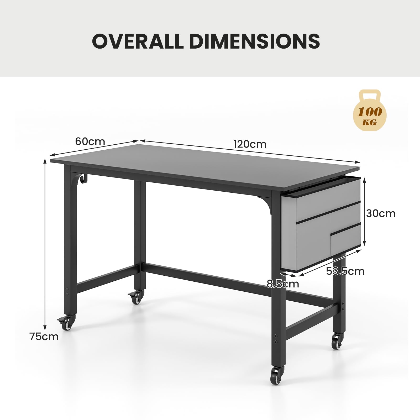 GIANTEX Scrivania per computer con 4 ruote universali, tasca laterale e 2 ganci, 120 x 60 x 75 cm, tavolo PC per casa e ufficio, carico massimo: 100 kg (nero)
