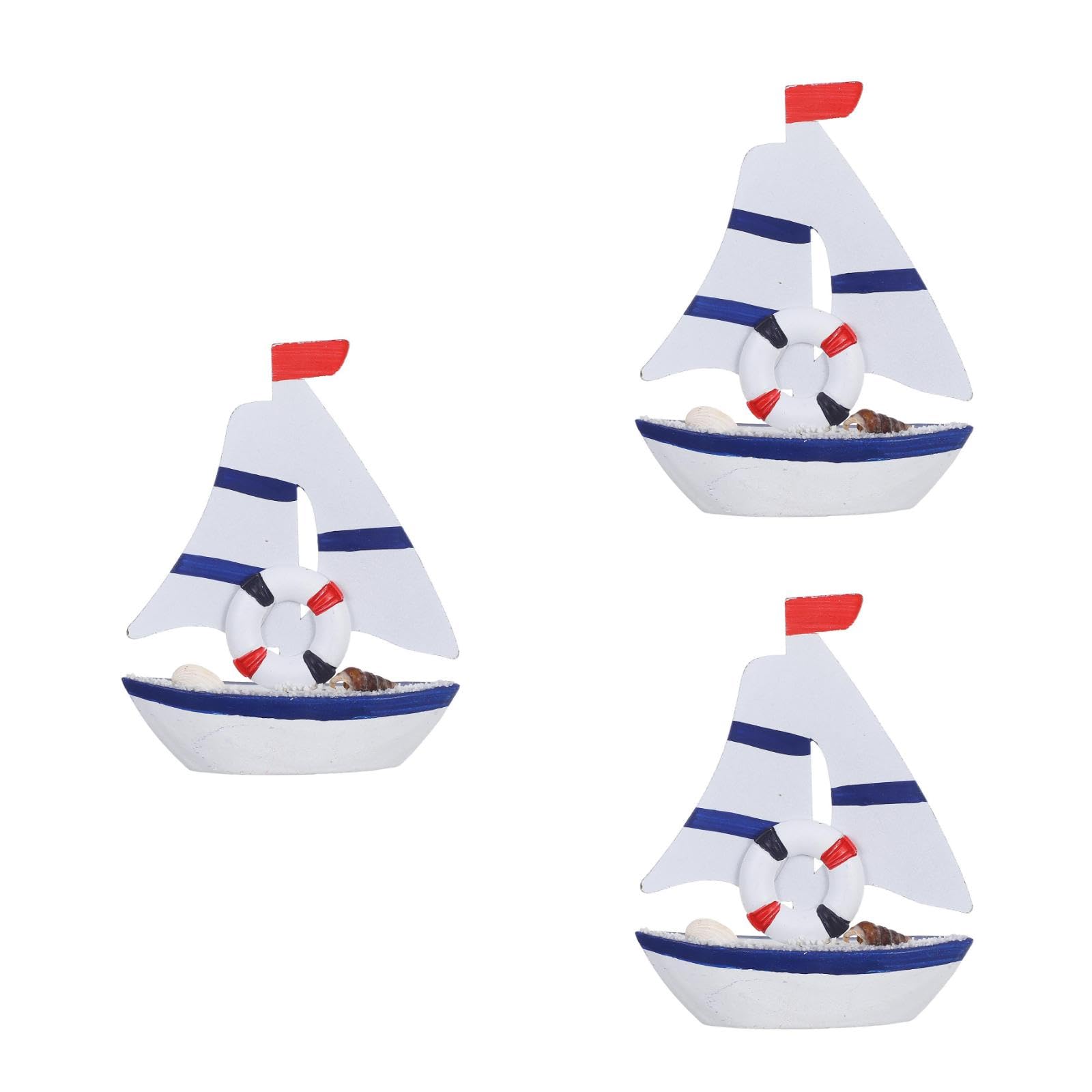 LUOZZY 3 Pcs Mini Wooden Sailboat Model with Lifebuoy Nautical Desktop Ornament Coastal Photo Props for Beach Decor