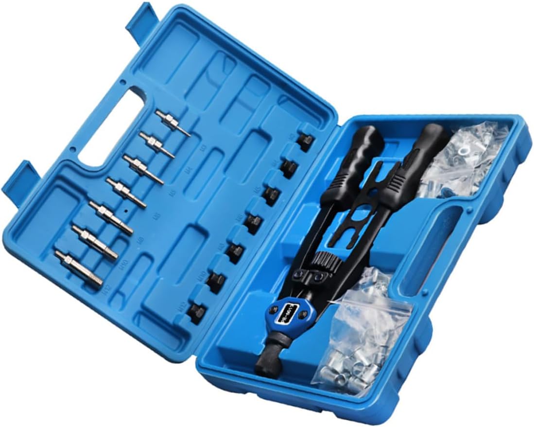 BESTYASH 140pcs Hand Rivet Nut Setter Kit with M3- Threaded Nuts Manual Riveting Tool Set in Plastic Case for Automotive and Industrial Installation