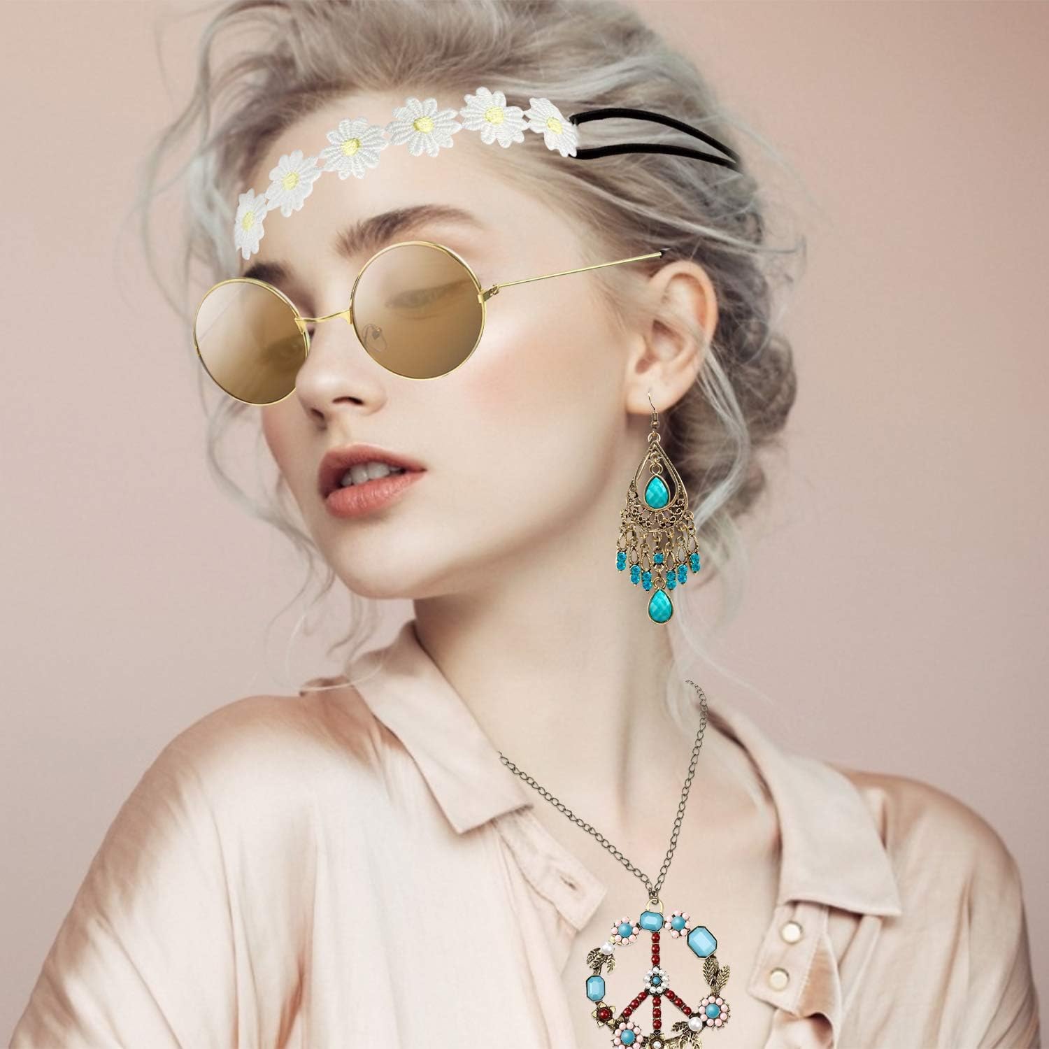 Alintor Hippie Accessoires für Schlagermove Outfit Damen, Flower Power Zubehör für Hippie Kostüm, 60er 70er Jahre Bekleidung, Peace Kette, Brille