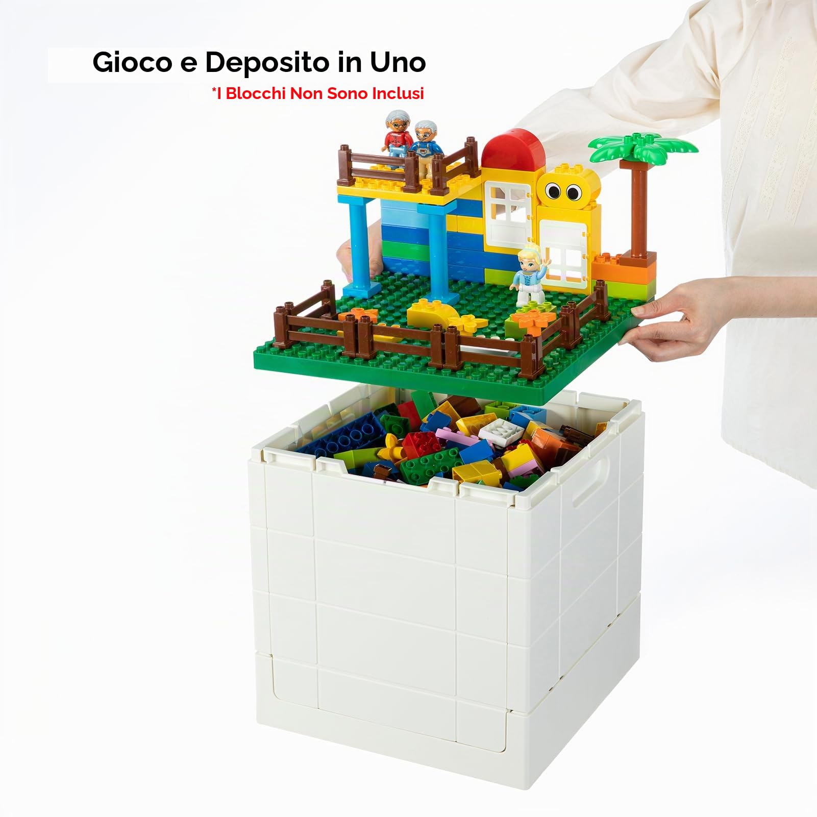 SHIMOYAMA Scatola portaoggetti pieghevole con coperchio della piastra di base per Duplo, cestino impilabile da 25 litri con tavola separata per Lego, contenitore pieghevole da 26 litri, per Lego Duplo