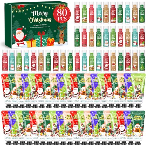 Lote de 80 Crema de Manos Navidad, 40 Mini Crema Manos + 40 Bálsamo Labial | Crema Manos y Balsamo Labial Hidratantes, para Manos y Labios Secos,Regalo de navideño y de Cumpleaños para Mujeres y Hombres
