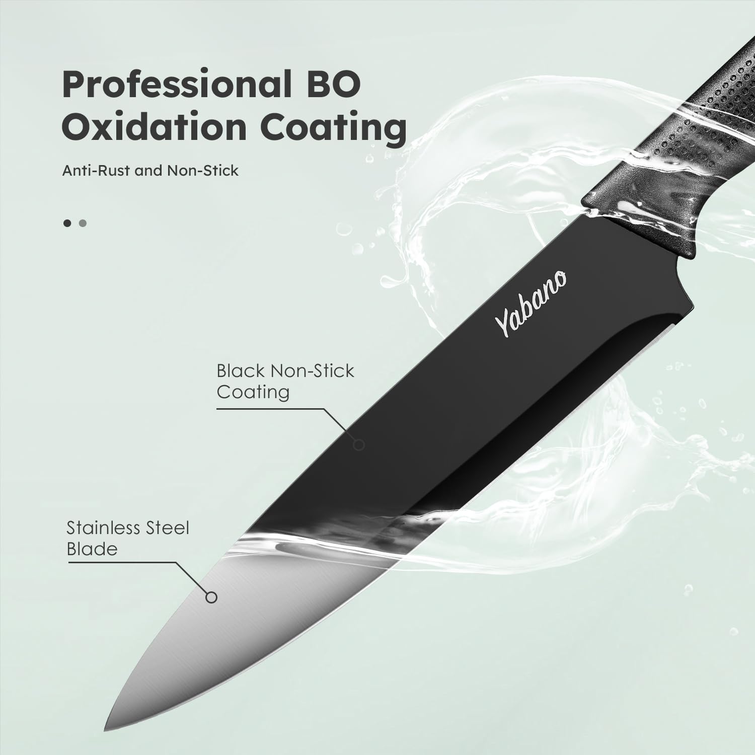 Yabano Couteaux de Cuisine 14 Pièces Inox Noir Bloc Aiguiseur | Lame acier inoxydable BO oxidation, support bois affuteuse integree, 6 pieces a steak, ciseaux, manche ergonomique