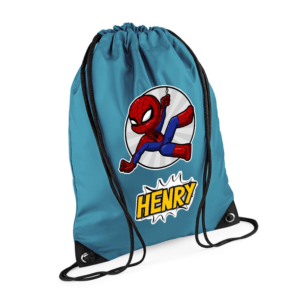 Superhero Bag, Personalised Backpack, Gift For Kids, Boy, Cartton Character Bag, Birthday, Christmas Drawstring Bag, PE Gym Kit Swimming, Sport Rucksack. (Ocean Blue)