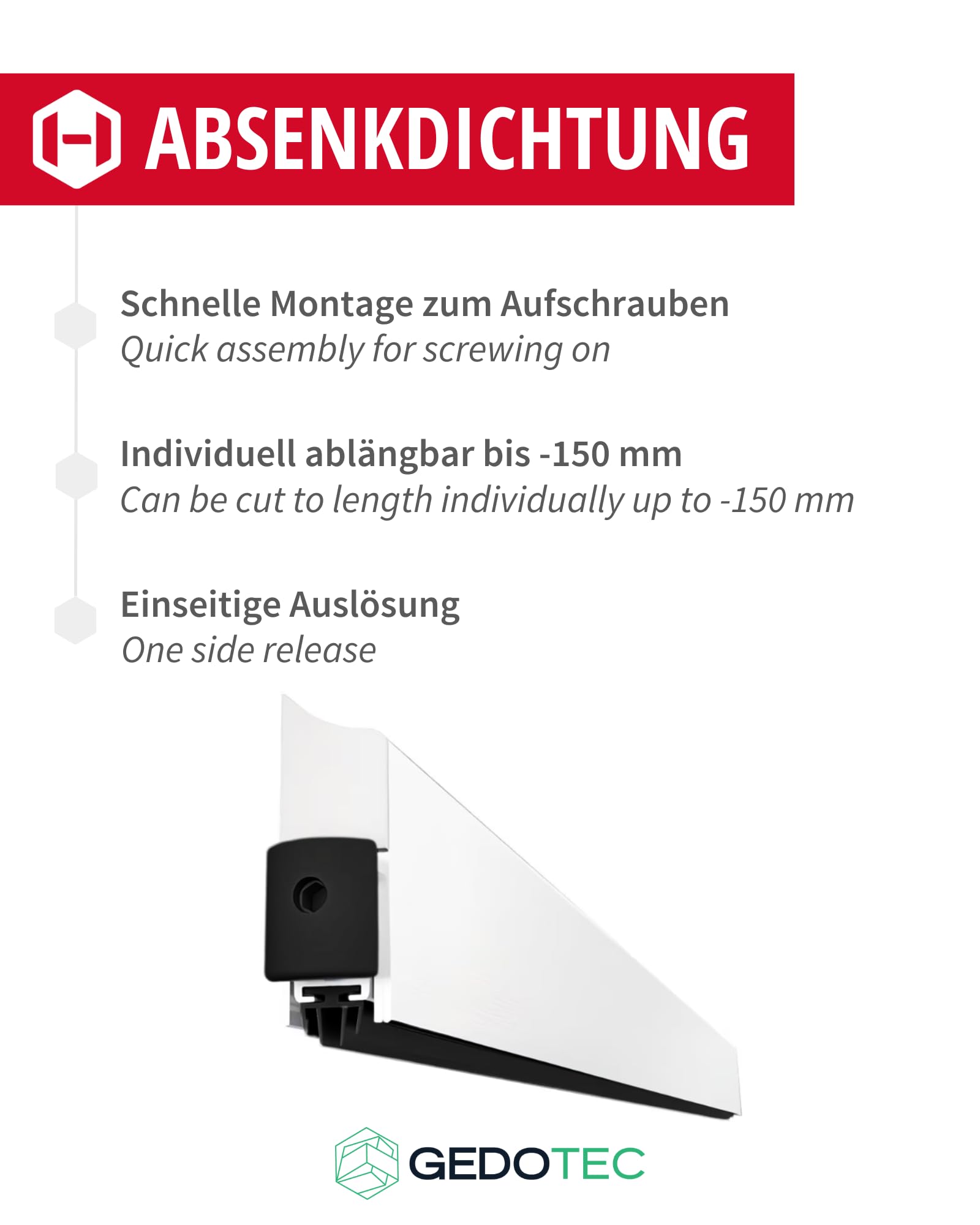 Gedotec Joint de Bas de Porte Automatique - Blanc | 1 pièce Joint de Porte Automatique 13 x 39 mm | Applique | Longueur 830 mm - recoupable | Joint à seuil pour Portes | Coupe-Vent Bas de Porte