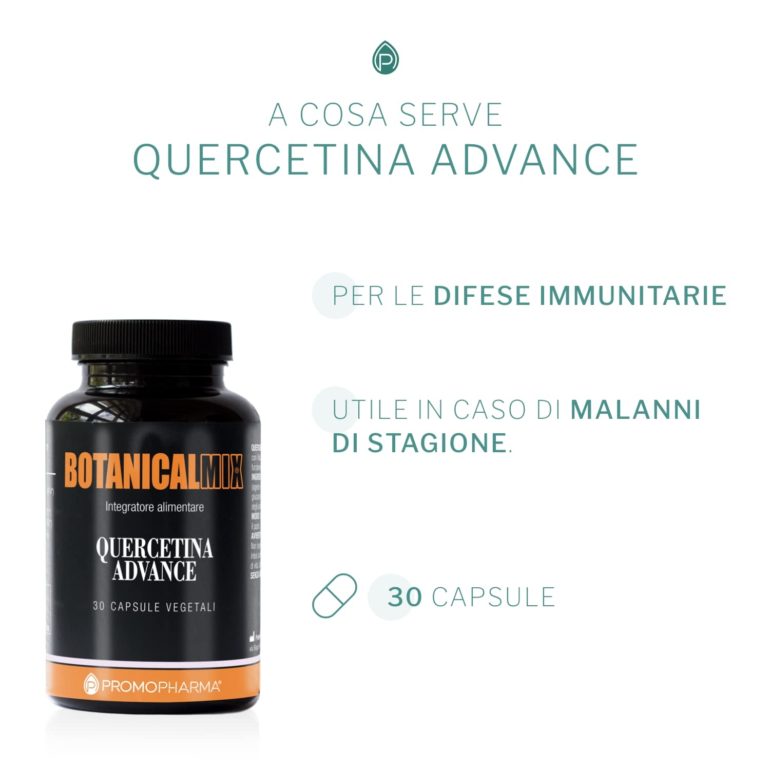 Quercetina Advance - Integratore Alimentare - Con quercetina, Vitamina C, Bromelina, Zinco e Vitamina D - Per le difese immunitarie - 30 cps