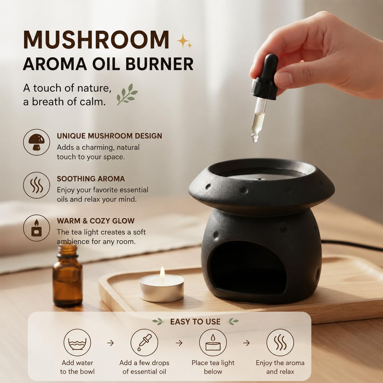 Ceramic Essential Oil Burner, Mushroom Shaped Wax Melt Burner with Tealight Candle Holder, Black Scented Oil Warmer for Fragrance Wax Melts, Home Bedroom Bathroom Decor, 4.6 x 4.2 in image 4