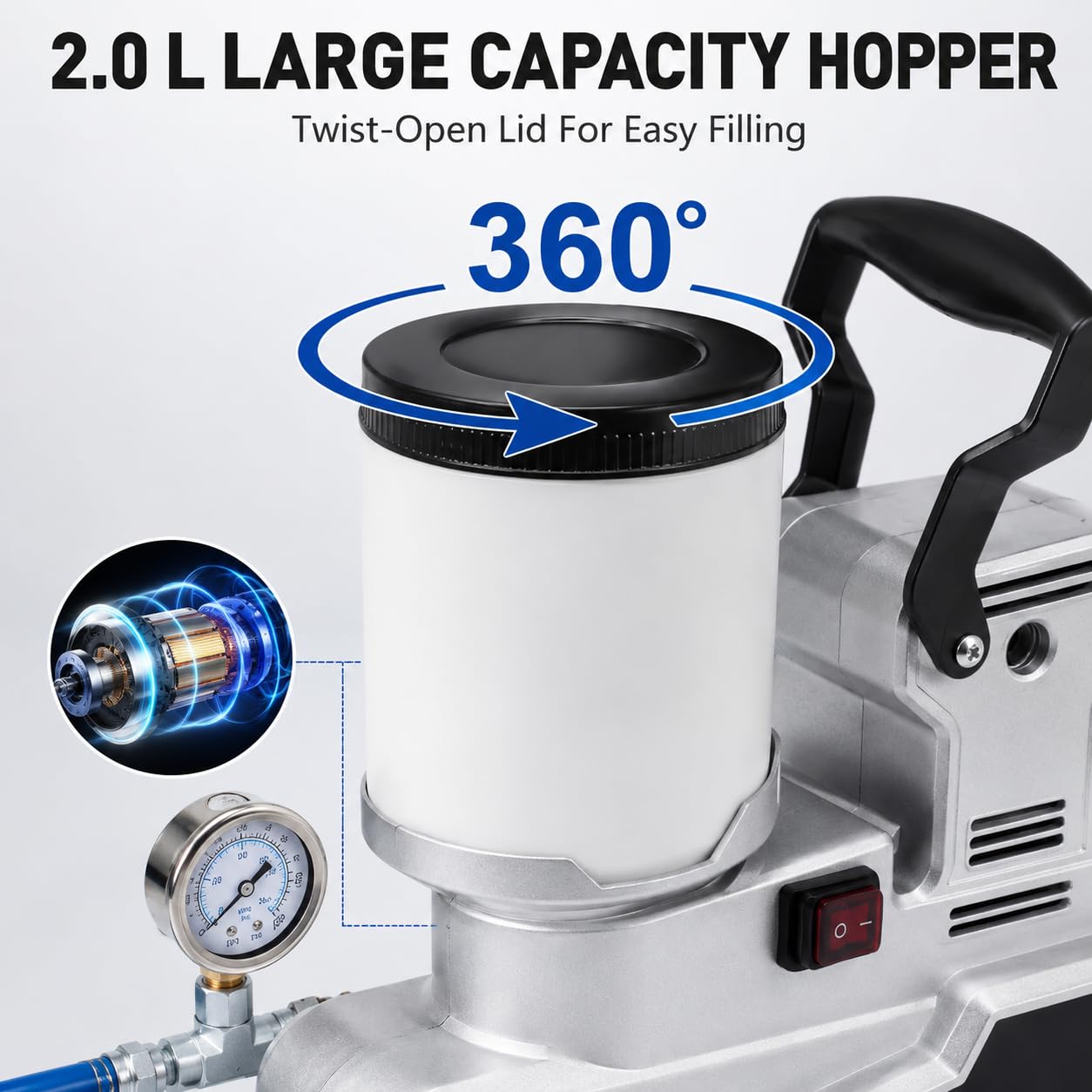 Przenośny Airless agregat malarski 1600 W, 220 V z 3 prędkościami, pojemność 2 l, natężenie przepływu 2,5 l/min, zawiera wąż 5 m do wydajnego malowania