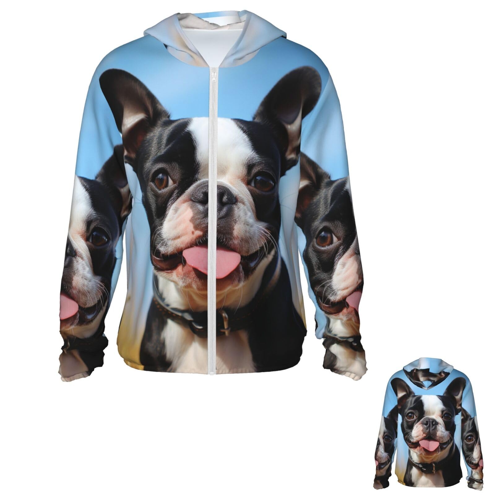 NONHAI Men's Sun Protection Jacket UPF 50+ Full Zipper Long Sleeve UV Hoodie Shirt Lovely Boston Terrier Women's Outdoor Jacket Black