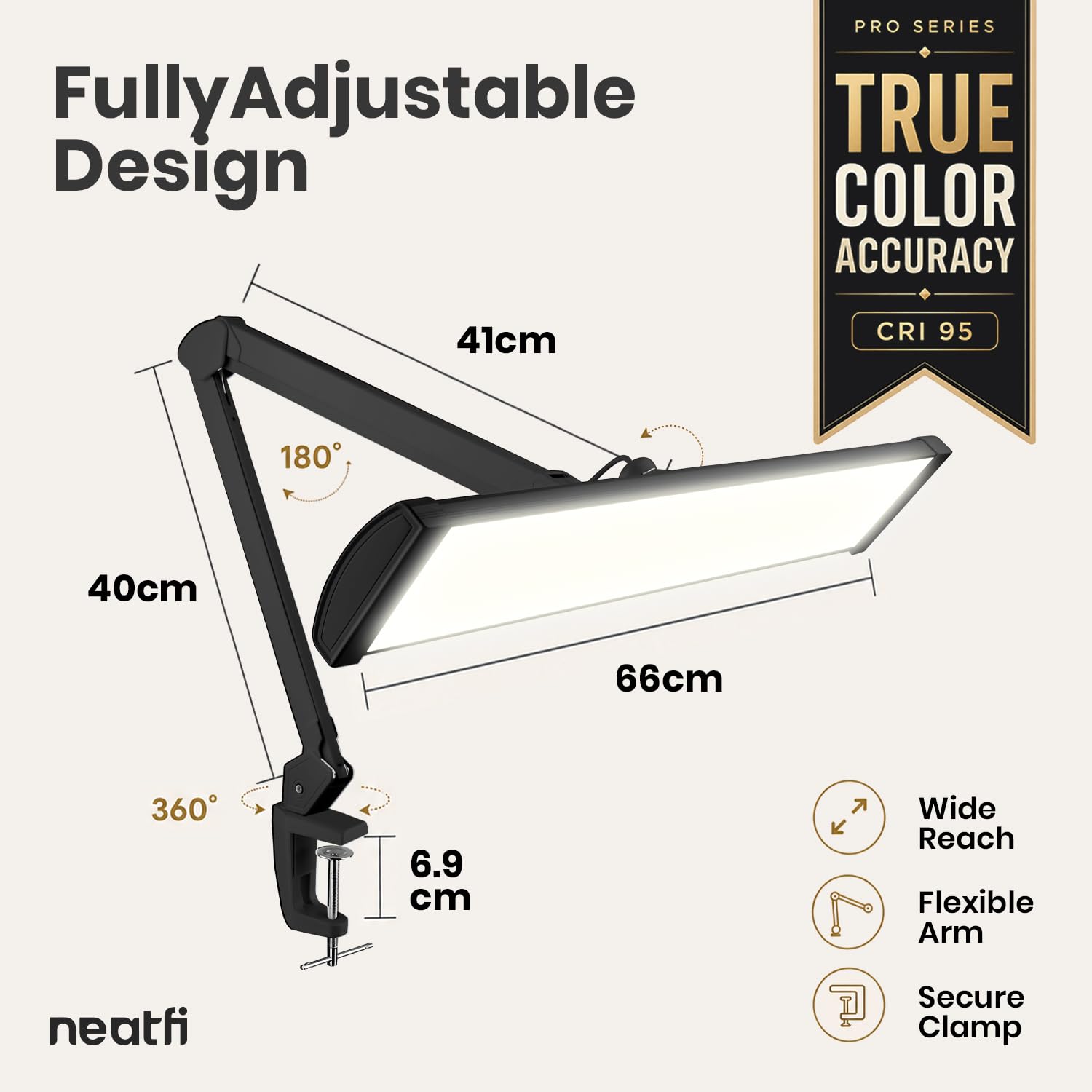 Neatfi Pro Series Ultra lampa robocza LED – Wierne odwzorowanie kolorów (CRI 95) | 3 500 lumenów, 45 W | 540 diod SMD LED | 5-stopniowa regulacja jasności (Czarny, Z CCT z zaciskiem)