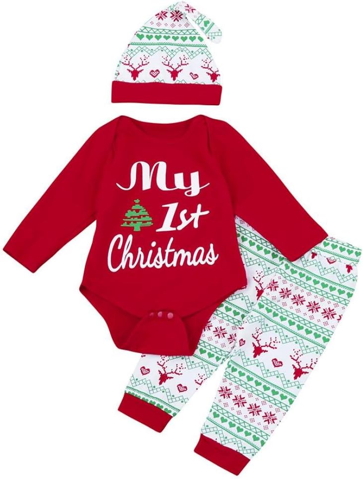 My First Christmas Outfit Set for Baby Boy Girl,Wakeu Newborn Romper Pants Hat