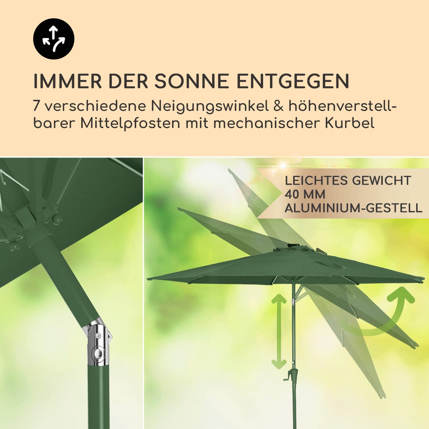 blumfeldt Calais Sonnenschirm, 300 cm x 265 cm höhenverstellbarer und faltbarer Gartenschirm mit Solar-LED-Beleuchtung und UV-Schutz Wasserdichter Sonnenschutz für Balkon, Terrasse und Gartenschirm