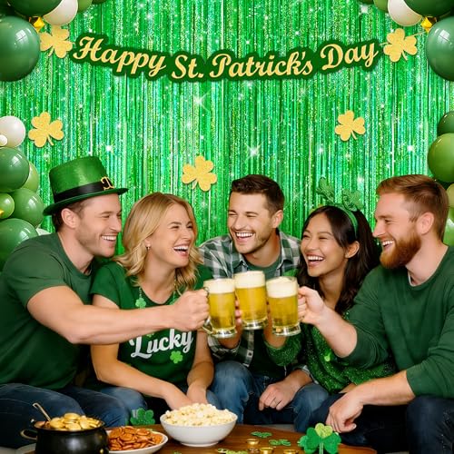 Image of Crosize 5 Pack 3.3 x 9.9 ft Laser Green Foil Fringe Curtains Party Decorations, Laser Green Tinsel Curtain Backdrop for Parties, Door Streamers, Glitter Streamer Backdrop for Birthday Decoration