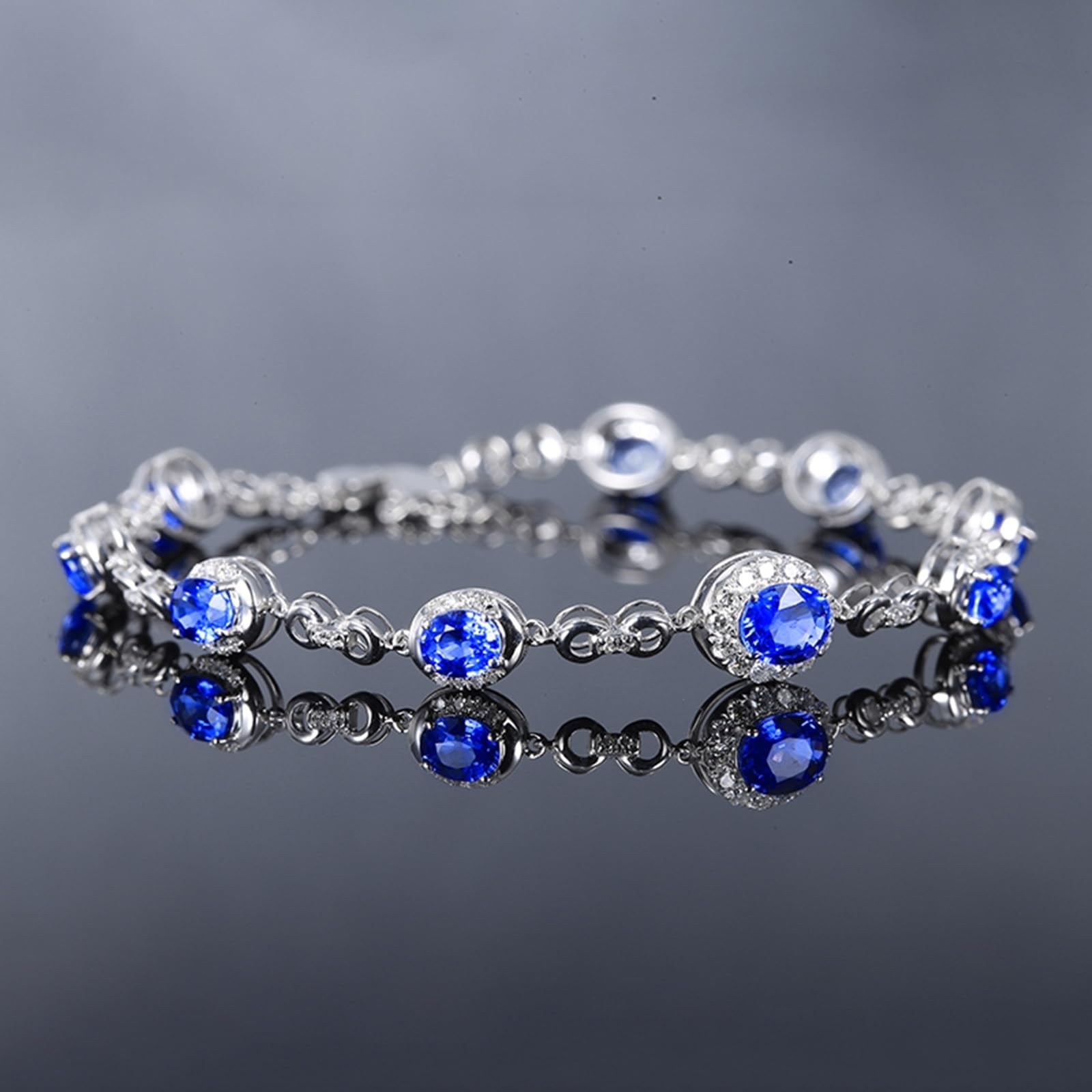 Bracciali Oro Bianco 750/585/375 Vero, Bracciale con Pietra Zaffiro Sintetico 4.22ct 16-18 cm Estensione 4 cm con Moissanite, Braccialetti Donna Matrimonio