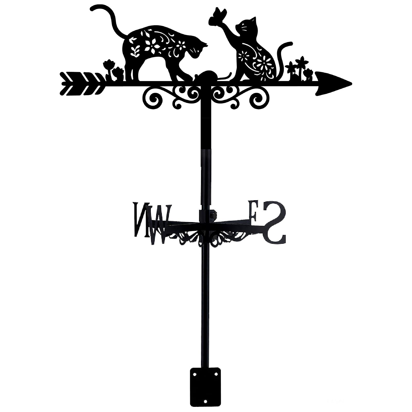 PRESSINART Cat Weathervane Outdoor Yard Metal Wind Vane Black Cats Mouse Butterfly Flower Pattern Iron Decorative Weathercock Wind Direction Indicator Tool for Farmhouse Yard Decor 7.9 x 14.2 Inch โ image 1