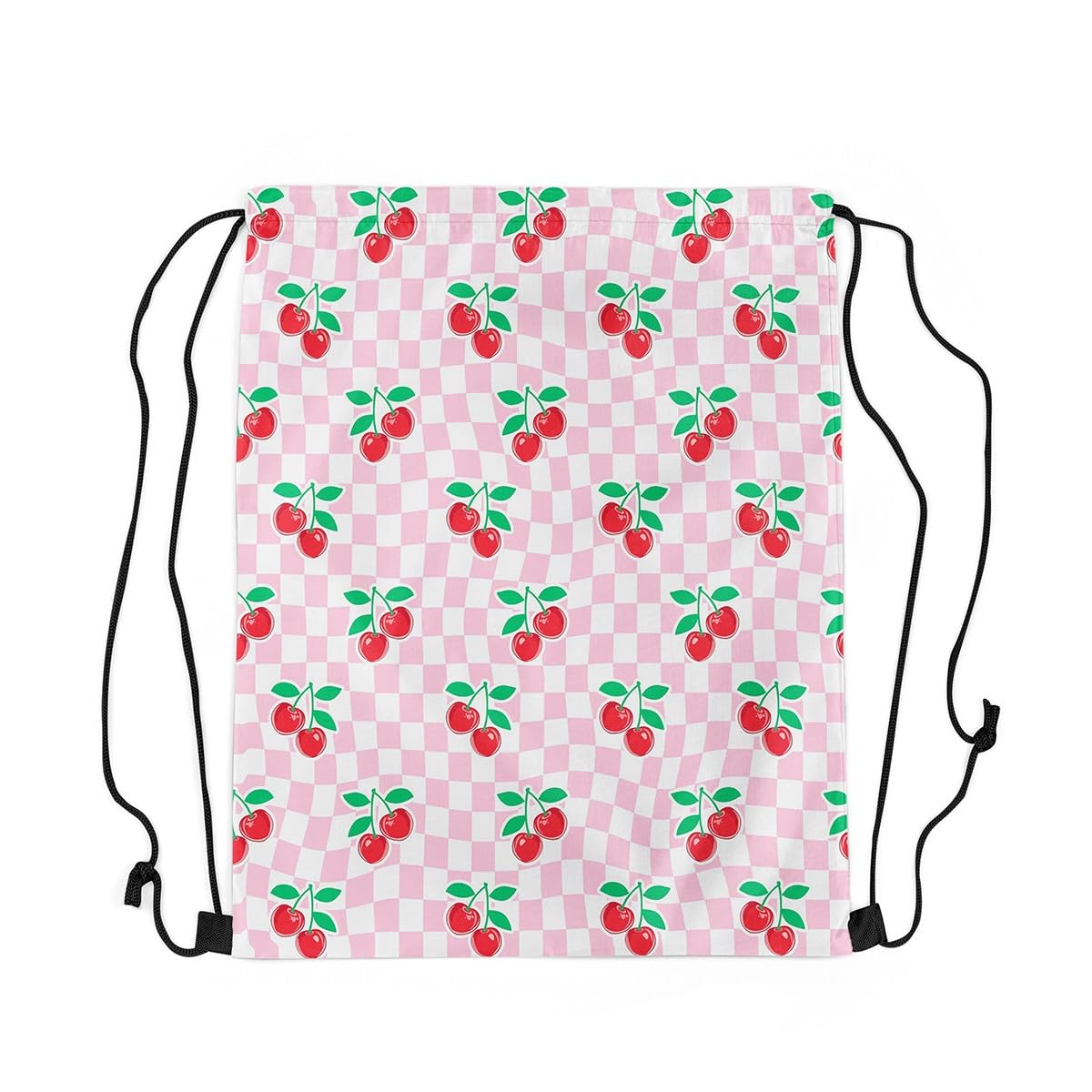 Loussiesd Cartoon Cherry Gym String Bag Red Cherry Print Drawstring Backpack Cute Fruits Cherry Drawstring Bags Pink Grids Waterproof Cinch Bag 40x33cm