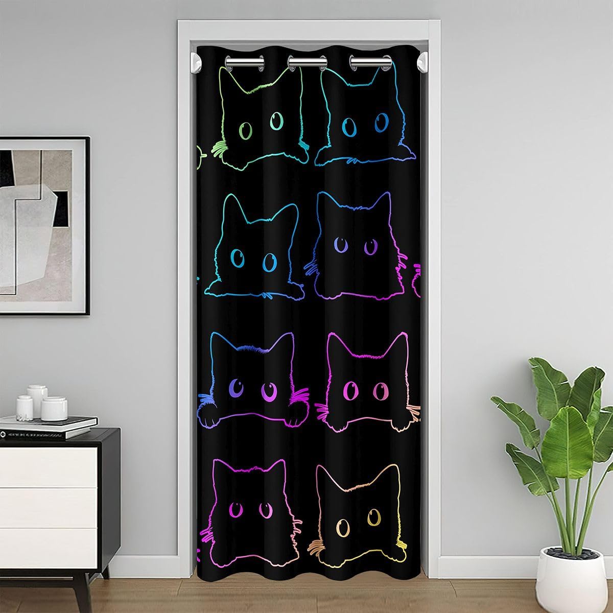 Cute Cats Blackout Curtain Kawaii Cat Pet Door Curtain Colorful Neon Ombre Kawaii Animal Line Doorway Curtain Lovely Cat Lovers Privacy Door Drape For Teens Children Boy Girl, 1 Panel, 34"W X 80"L