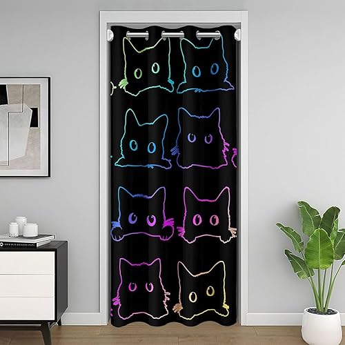 Cute Cats Blackout Curtain Kawaii Cat Pet Door Curtain Colorful Neon Ombre Kawaii Animal Line Doorway Curtain Lovely Cat Lovers Privacy Door Drape For Teens Children Boy Girl, 1 Panel, 52"W X 80"L