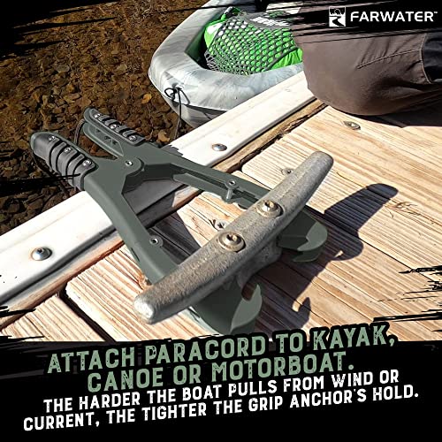 Farwater Canoe Anchor Grip - Boat, Float Tube & Kayak Fishing Accessories, Kayaking Equipment - Brush Clamp Anchor With Teeth - Gripper With 15Ft Paracord - Rubber Grips - Coated Steel - Matte Green #TOP1