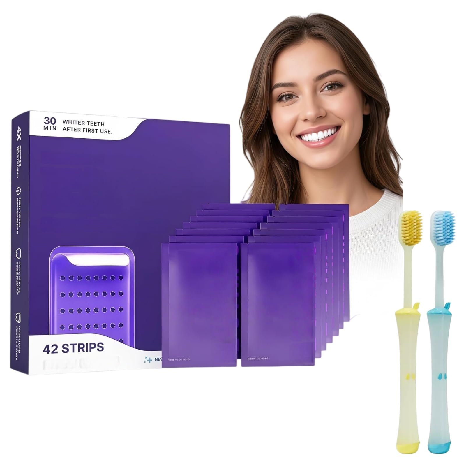 Teeth Whitening Strips Purple, Tiras Blanqueadoras Dientes Autoadhesivas Anti-Amarilleo para Eliminar Manchas de Cafe Te y Tabaco Regalo: cepillo de dientes ((3 Pieces - 12 Pcs))