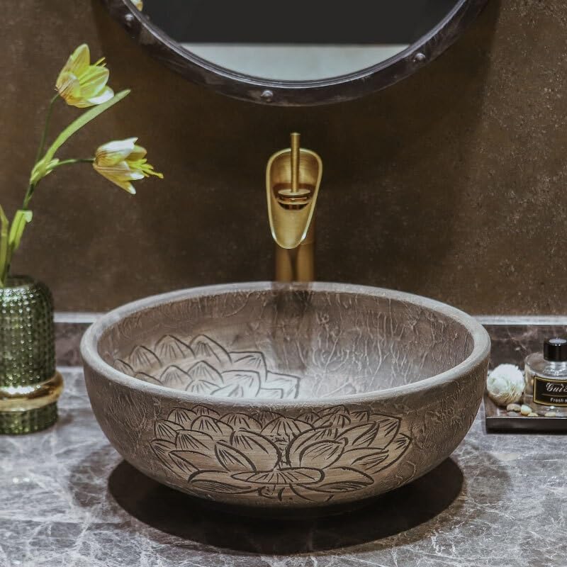 Waschbecken Kunst Keramik Waschbecken Vintage Runde Waschbecken Einzelbecken Verdicktes Badezimmer Balkon Outdoor Waschbecken Waschbecken Badezimmer
