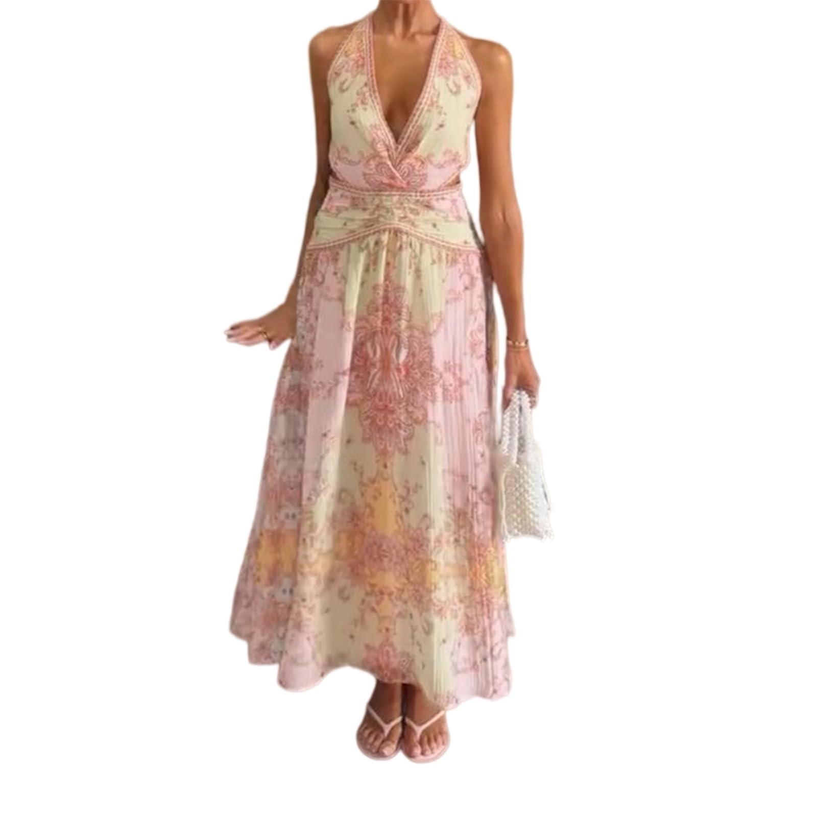Vestito Donna Elegante Halter Maxi Abito Profondo V Senza Schienale Pizzo su Stampato per Festa Serata Indossare Vacanze-as Shown-s