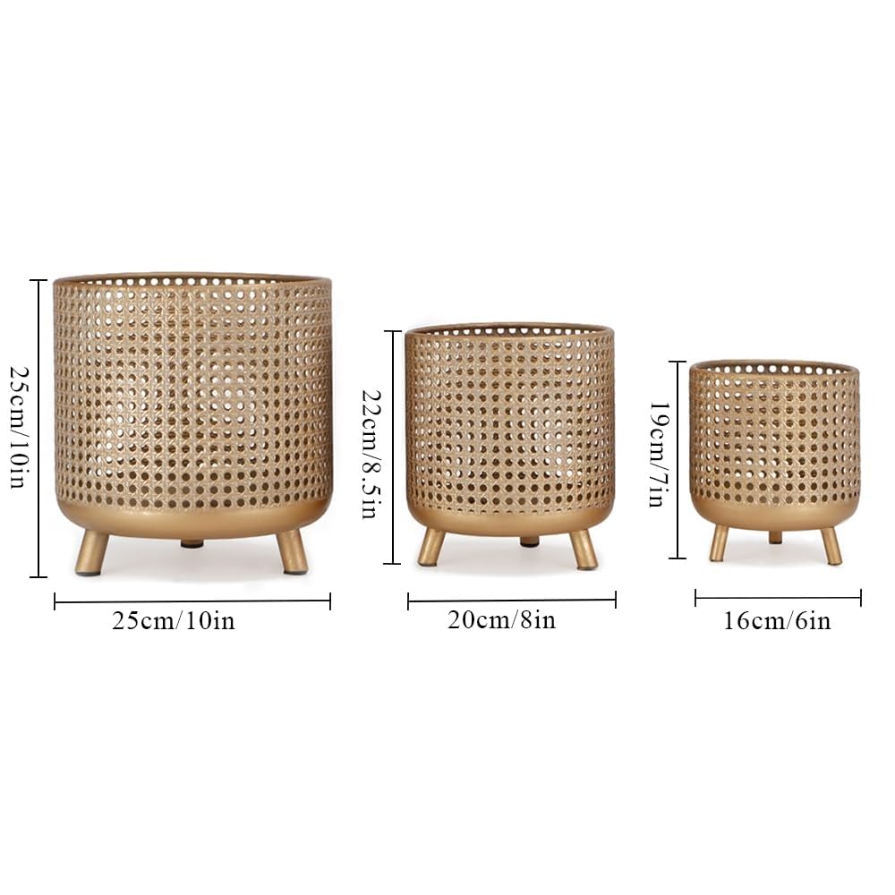 JHY DESIGN Set da 3 vasi decorativi in metallo per piante e fiori con design a cavo, Grandi fioriere per interni ed esterni, giardino, casa, balcone, ringhiera, recinzione (Oro)
