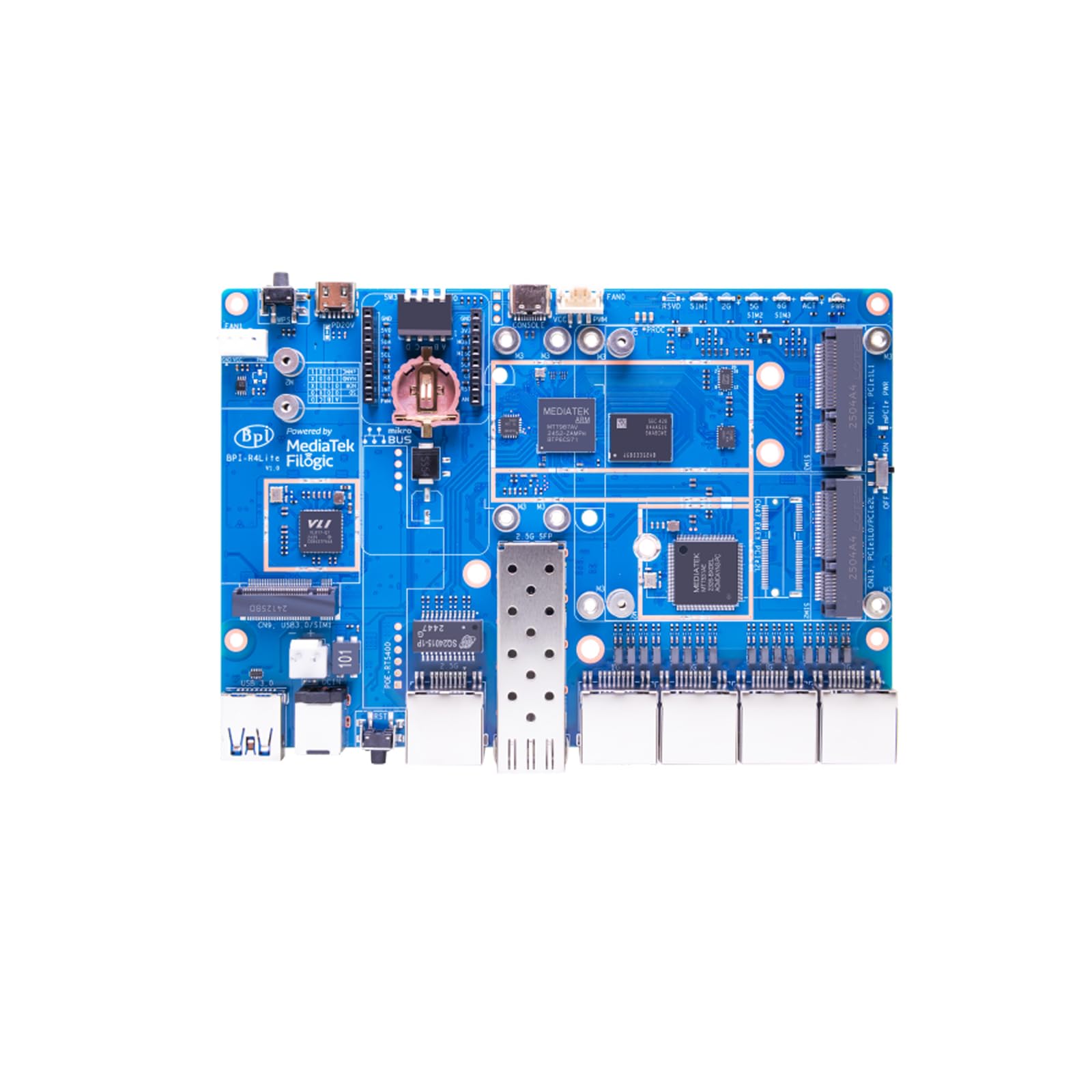 Banana Pi BPI-R4 Lite WiFi 7 Routeur Dev Board Kit OpenWRT - MediaTek MT7987A SoC - 2 Go DDR4 RAM 8 Go eMMC - 1 x 2,5 G SFP RJ45 WAN - 4 x GbE Gigabit Ethernet pour NAS Smart Home Gateway (2 Go DDR4
