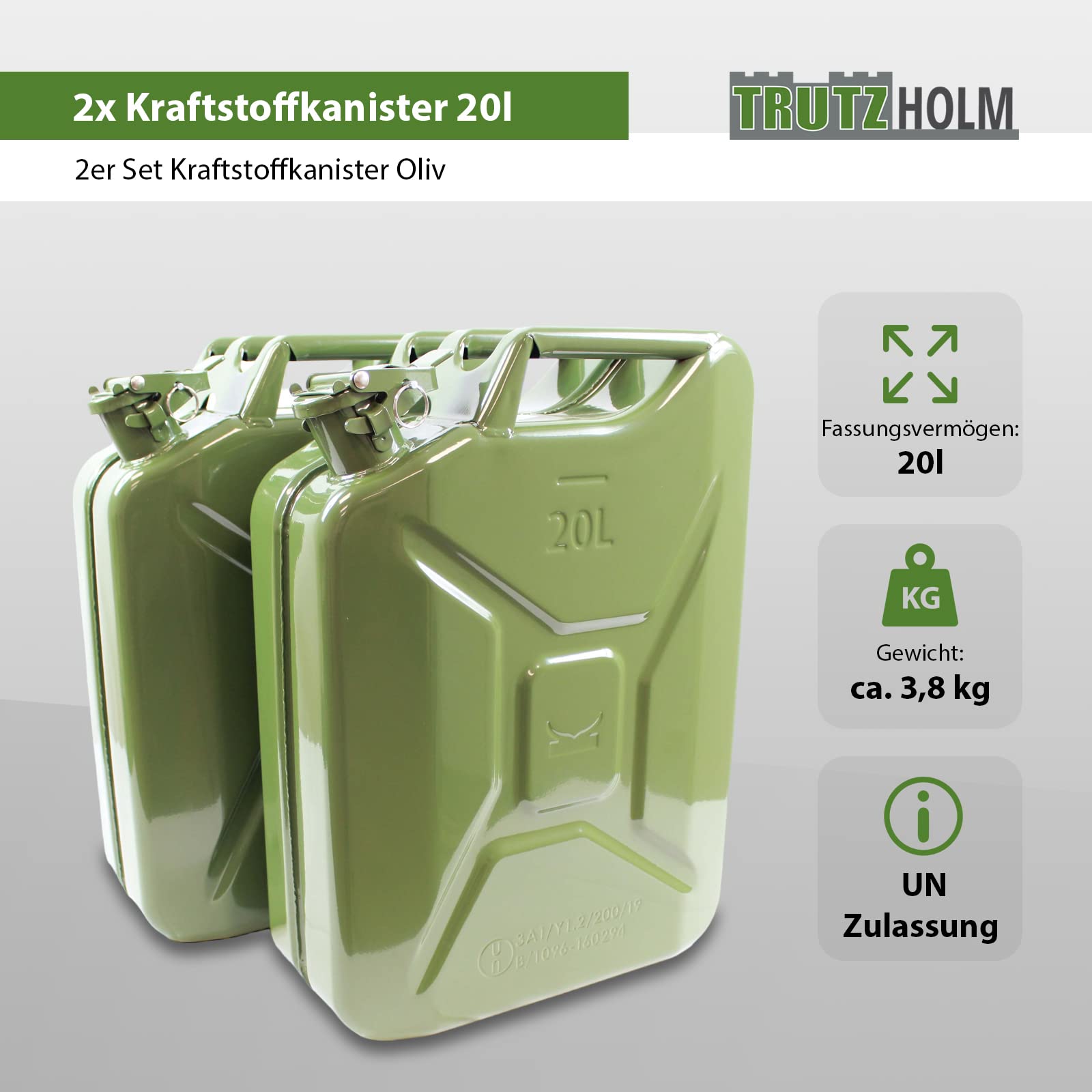 2x TRUTZHOLM Benzinkanister Kraftstoffkanister Metall 20 Liter Olivgrün mit UN-Zulassung - Kanister für Benzin und Diesel