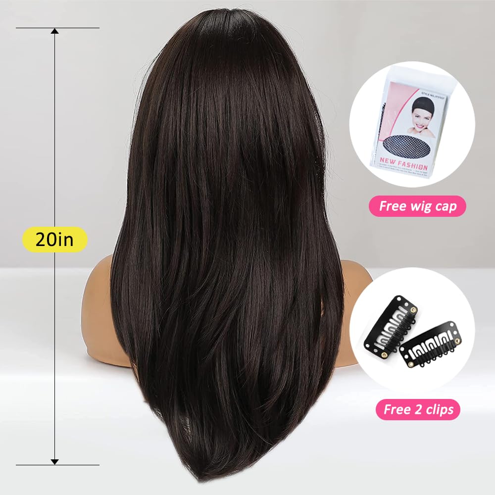 20 Pouces Longues Droites Marron Foncé Dégradé Cheveux Synthétiques Perruques avec Franges pour Les Femmes Utilisation Quotidienne pour Les Fêtes