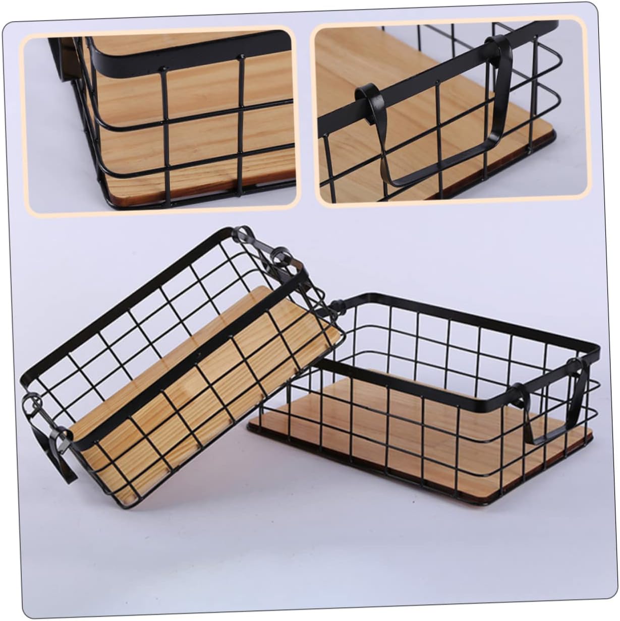 Black Handheld Iron Basket with Wood Base Multi Purpose Household Storage Container for Kitchen Snacks Fruits and Picnic Essentials Sturdy and Compact Design Decorative and