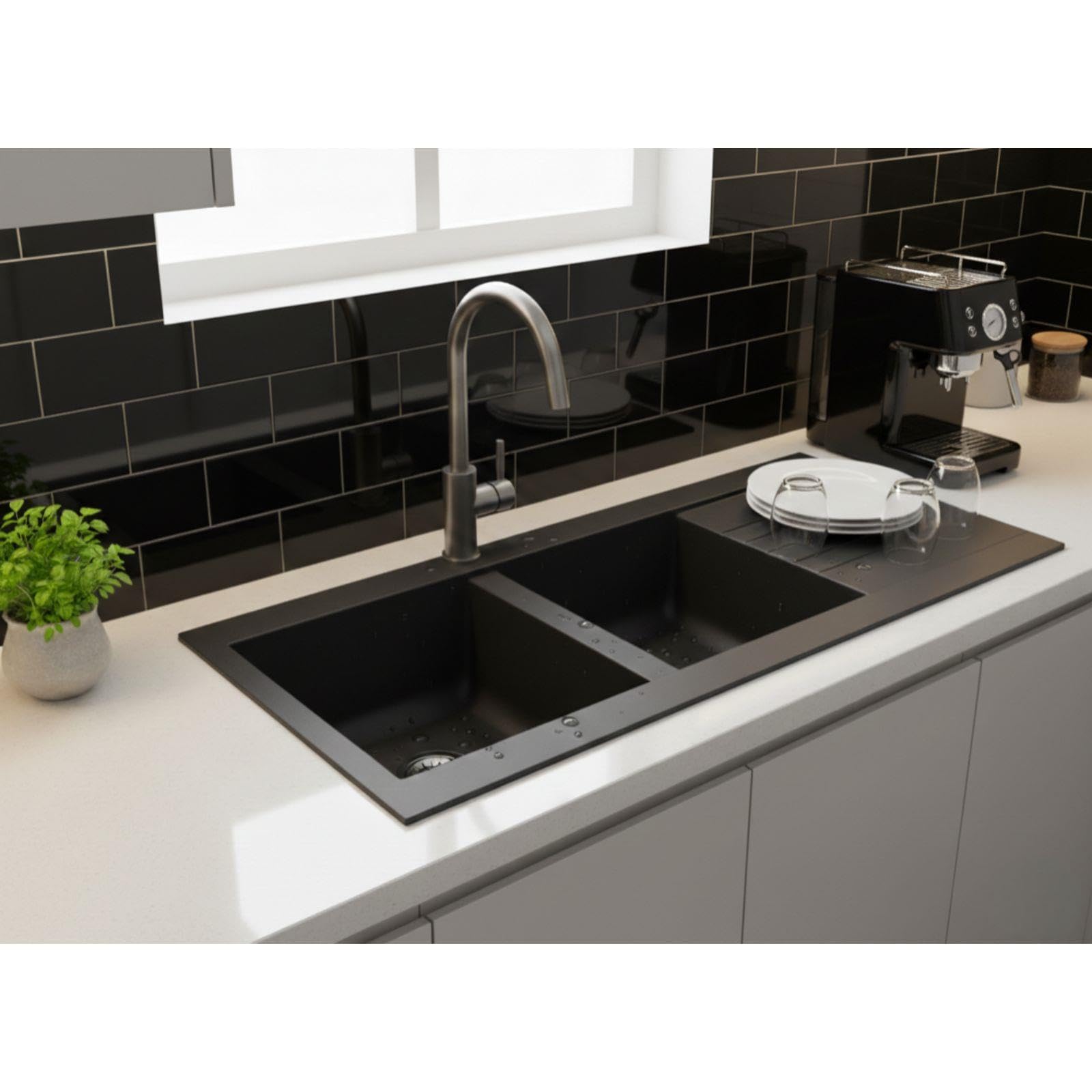 LD2BL – Fregadero de cocina 2 senos con escurridor reversible – Composite negro – Empotrable – 116 x 50 x 20 cm