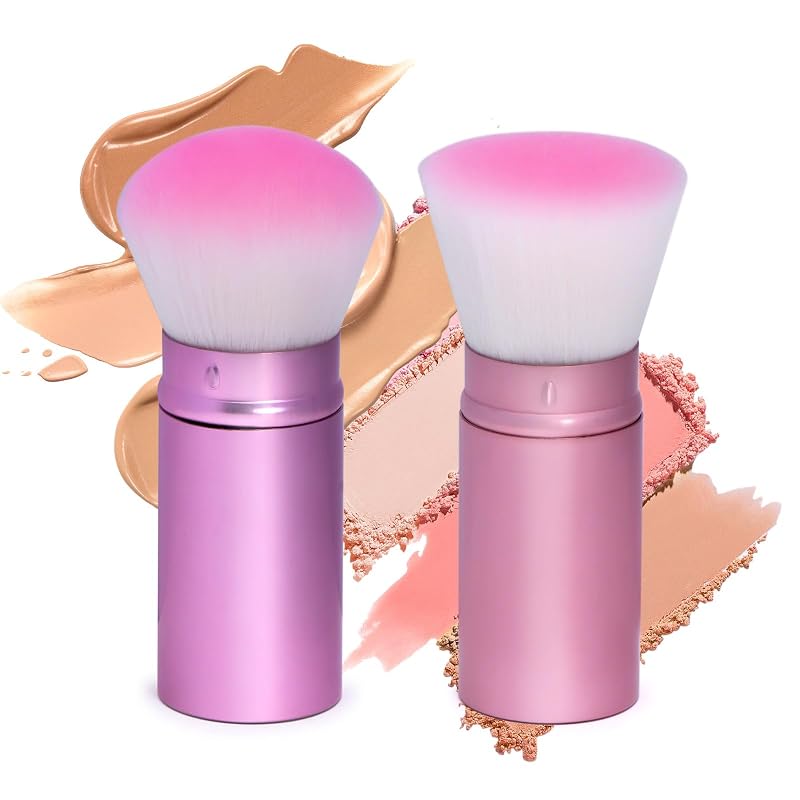 UNIMEIX Pincel Kabuki retrátil para maquiagem facial, base líquida, blush, bronzer e pó, rosa, 2 unidades
