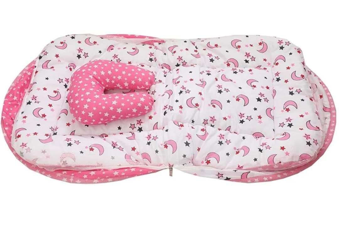 BULI - WEAR® Baby Bed Bedding Set for Boys & Girls | Mattress | Cotton | Neck Pillow | Gadda Set | Mosquito Net (Pink-SM-BS, 0-12 Months) 1