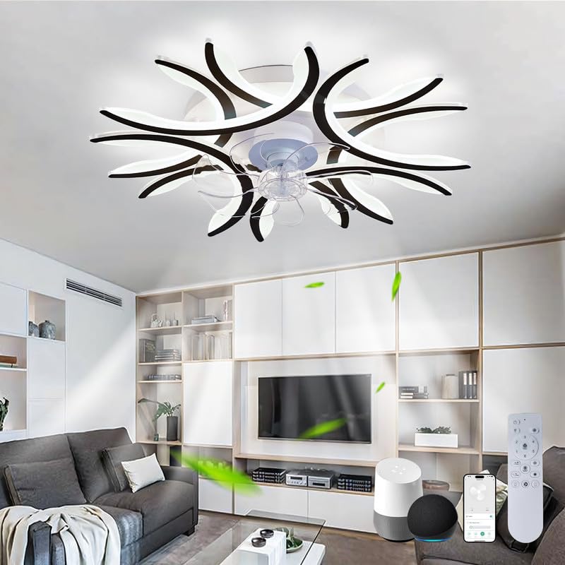 NVZHIDAI LED Ceiling Fan Lights Alexa Bedroom Remote Control Silent Ceiling Light with Fan Dimmable Reversible 6 Speed Flush Mount Fan Light Smart DC Large Modern for Living Room, Lounge, Black||B