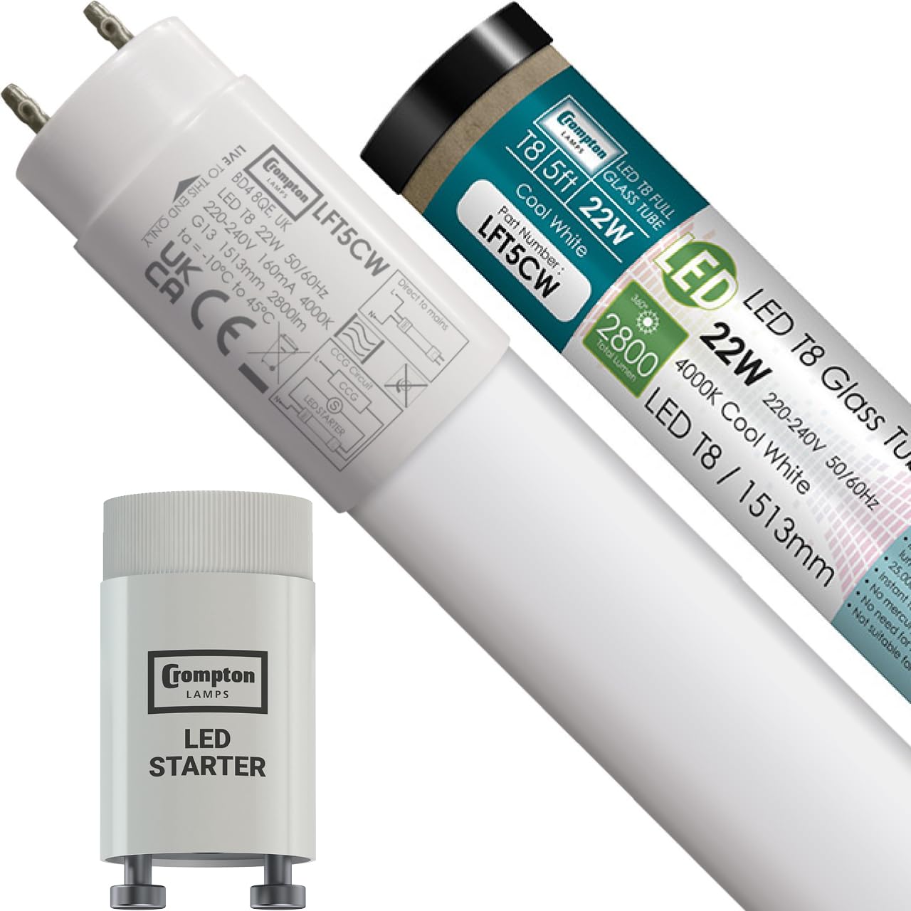 Crompton Lamps 5ft LED T8 Tube, 4000K Cool White, 22W (58W Equivalent), Replacement Fluorescent Tubes for LED Batten Light, Ceiling Strip Lights, Garage Lighting, Includes Fluorescent Starter