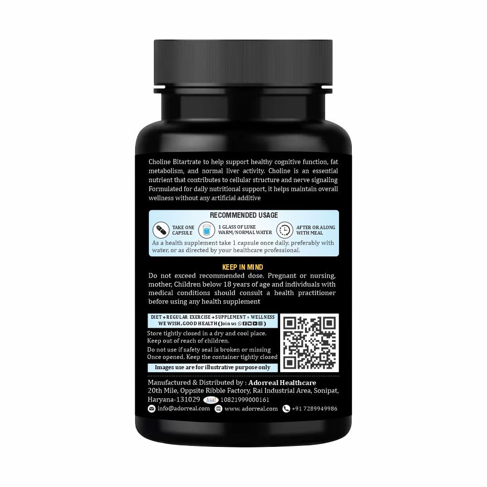Adorreal Choline Bitartrate, Powerful Antioxidant, High Potency Formula, Supports Brain & Cognitive Health, 60 Capsules