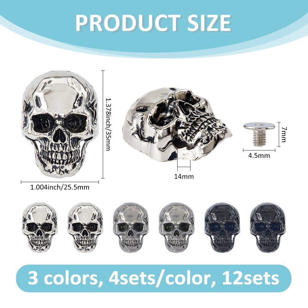 SUPERFINDINGS 12Sets 3Colors Alloy Skull Stud Rivet Skull Conchos Screw Back Leather Crafting Skull for Punk Style Clothing Accessories DIY Craft Decoration - Image 2