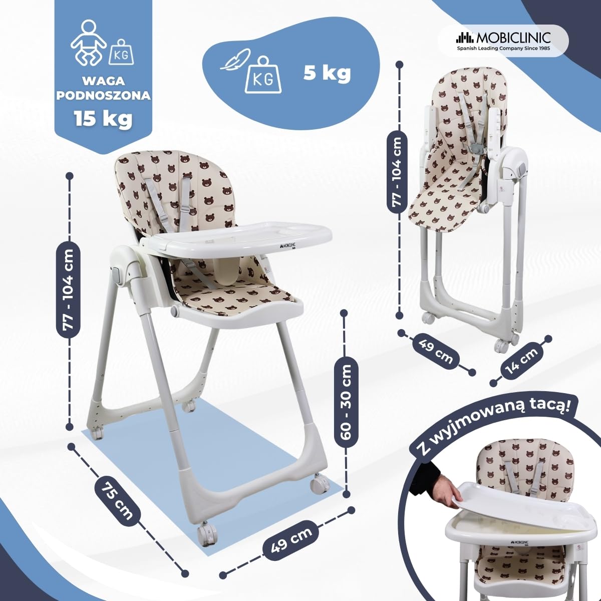 Mobiclinic®, Wysokie krzesełko dla dziecka, Evolutive, Dodatkowe składanie, Możliwość przekształcenia w krzesełko, Simba, 5-punktowe, Kółka z hamulcami, Podwójna wyjmowana tacka