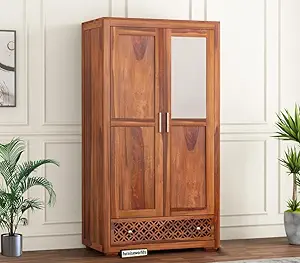 Wood World Sheesham Wood Wardrobe with Mirror, 3 Drawer, 2 Door and 5 Shelves Storage for Bedroom Wooden Almirah for Clothes for Living Room Bedroom Home, Solid Wood Furniture (Brown Finish)
