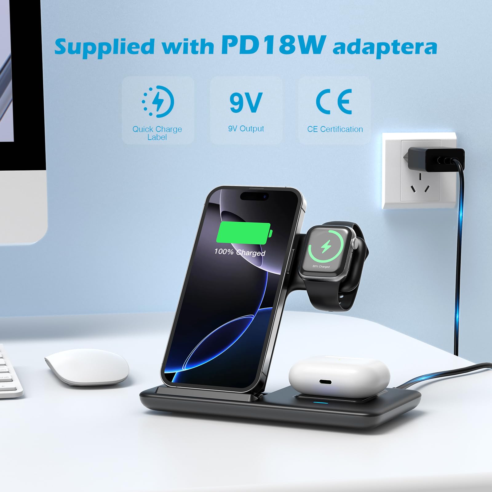 Vunzo 3 in 1 Caricatore Wireless Stazione, 18W Ricarica Rapida Wireless Phone Charger Stand per iPhone 15/14/13/12/11/Pro/Max/XS/XR/X/8/Plus, Apple Watch 9/8/7/6/SE/5/4/3/2 e per 3/2/Pro casa