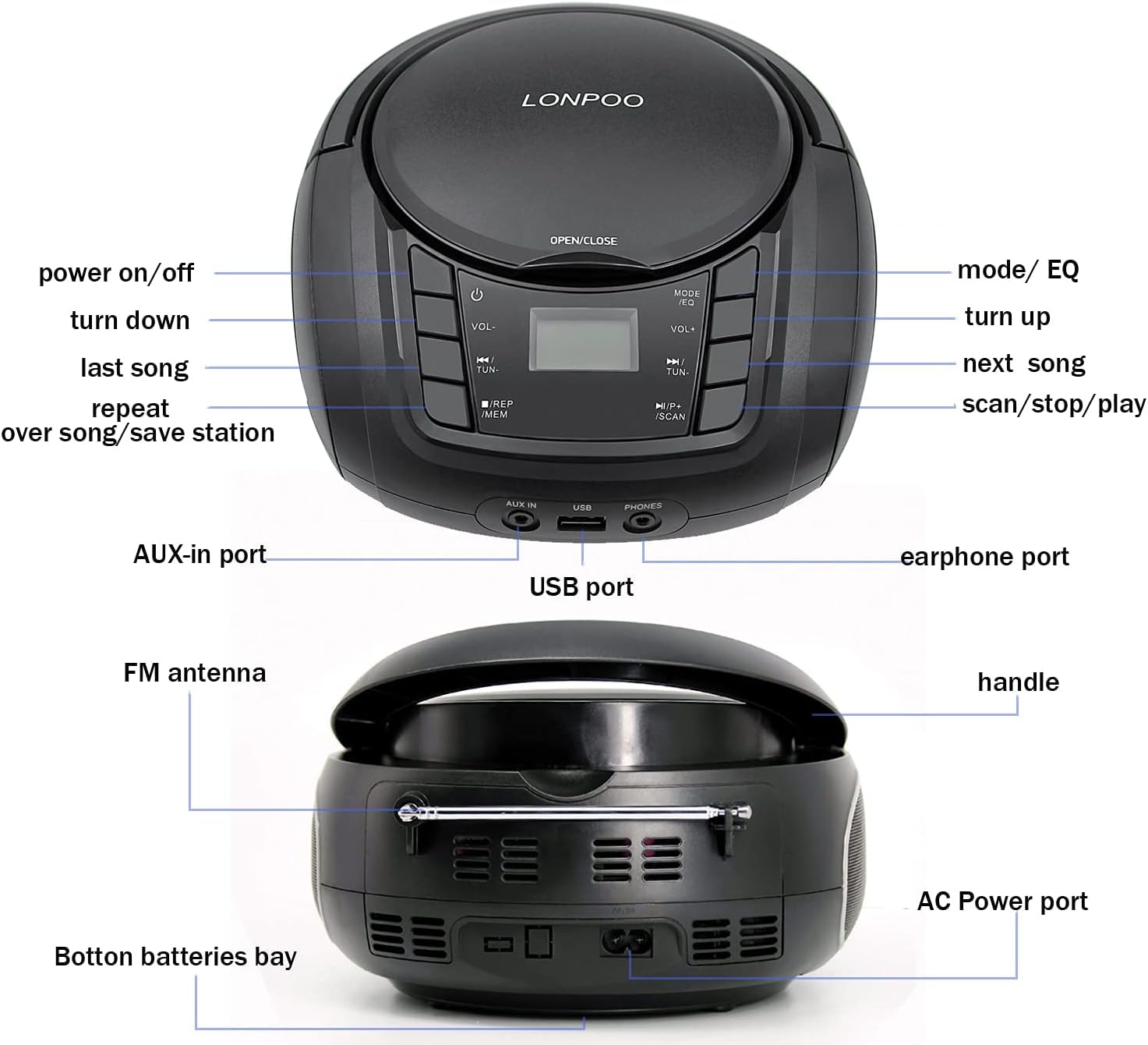 Lecteur CD avec Bluetooth, LP-D03 Radio FM Portable Stéréo avec Son Cristallin, Lecture MP3, Entrée USB et AUX, Prise Casque, Ecran LCD